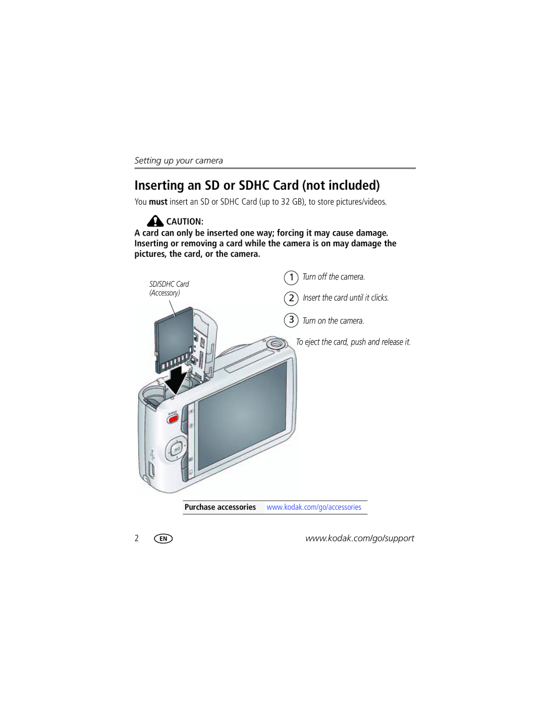 Kodak C1450 manual Inserting an SD or Sdhc Card not included 