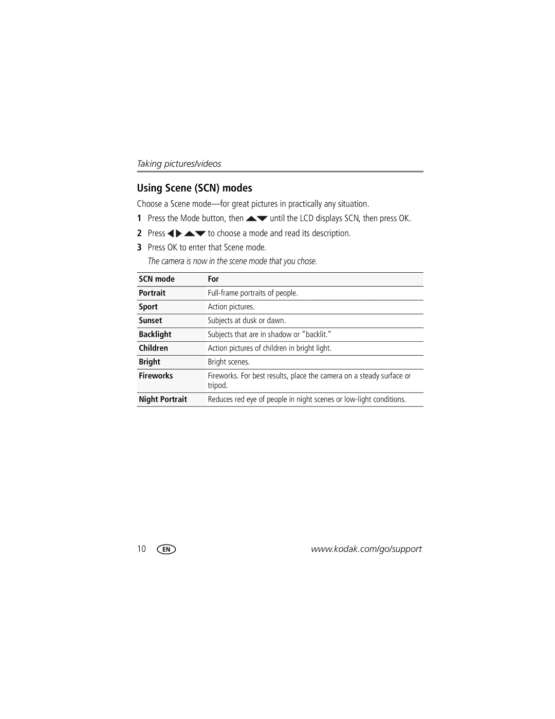 Kodak C15 manual Using Scene SCN modes, Camera is now in the scene mode that you chose, Tripod, Night Portrait 