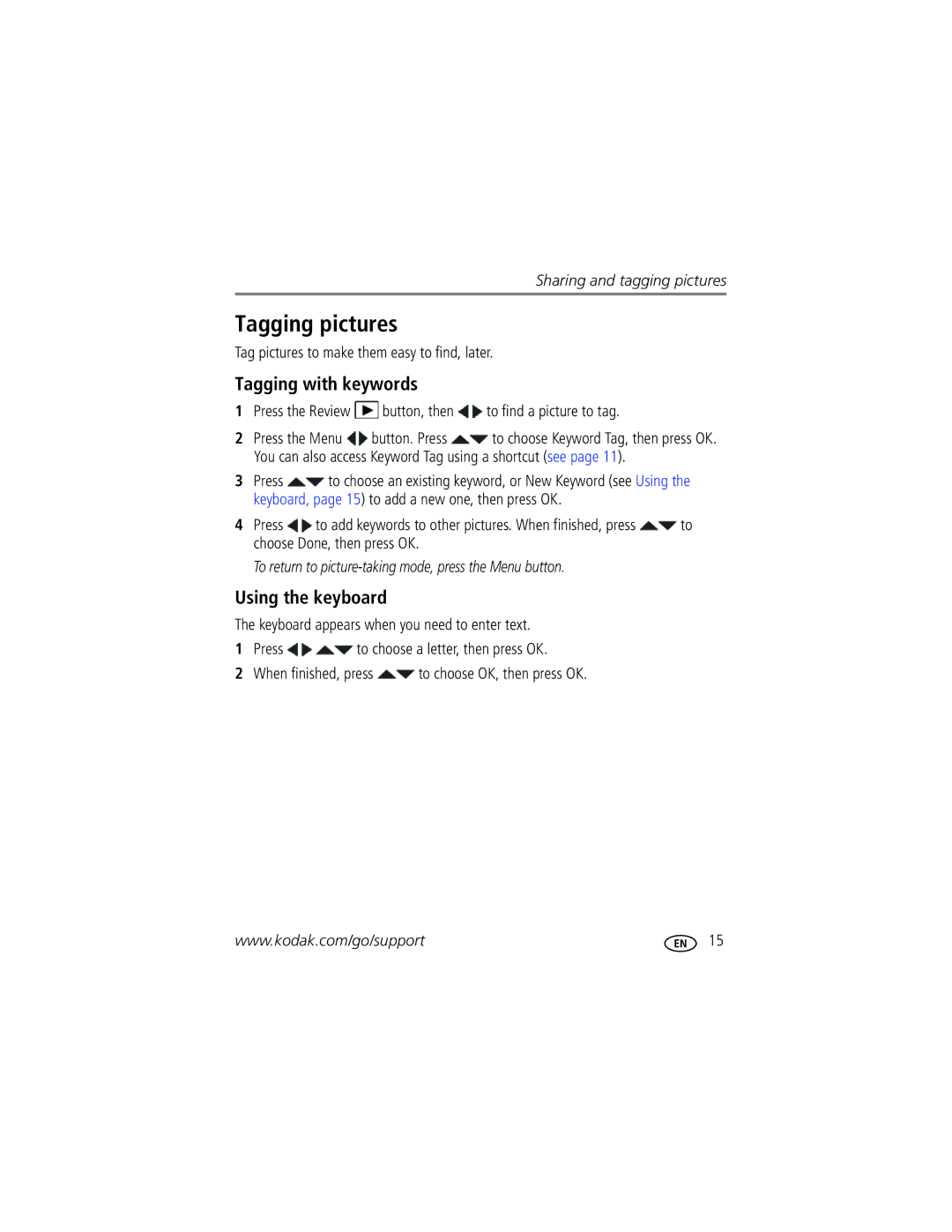 Kodak C15 manual Tagging pictures, Tagging with keywords, Using the keyboard 