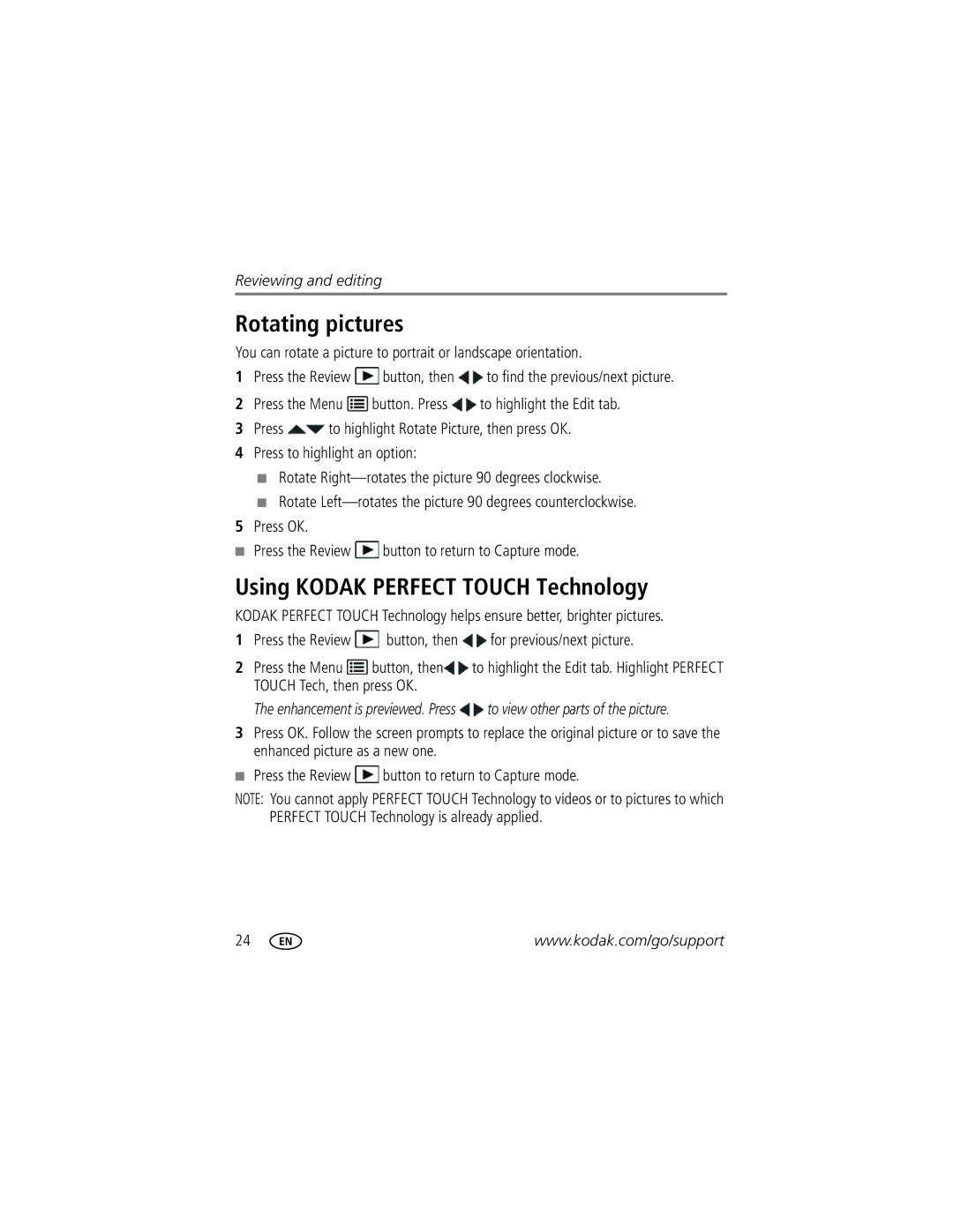 Kodak C15 manual Rotating pictures, Using Kodak Perfect Touch Technology 