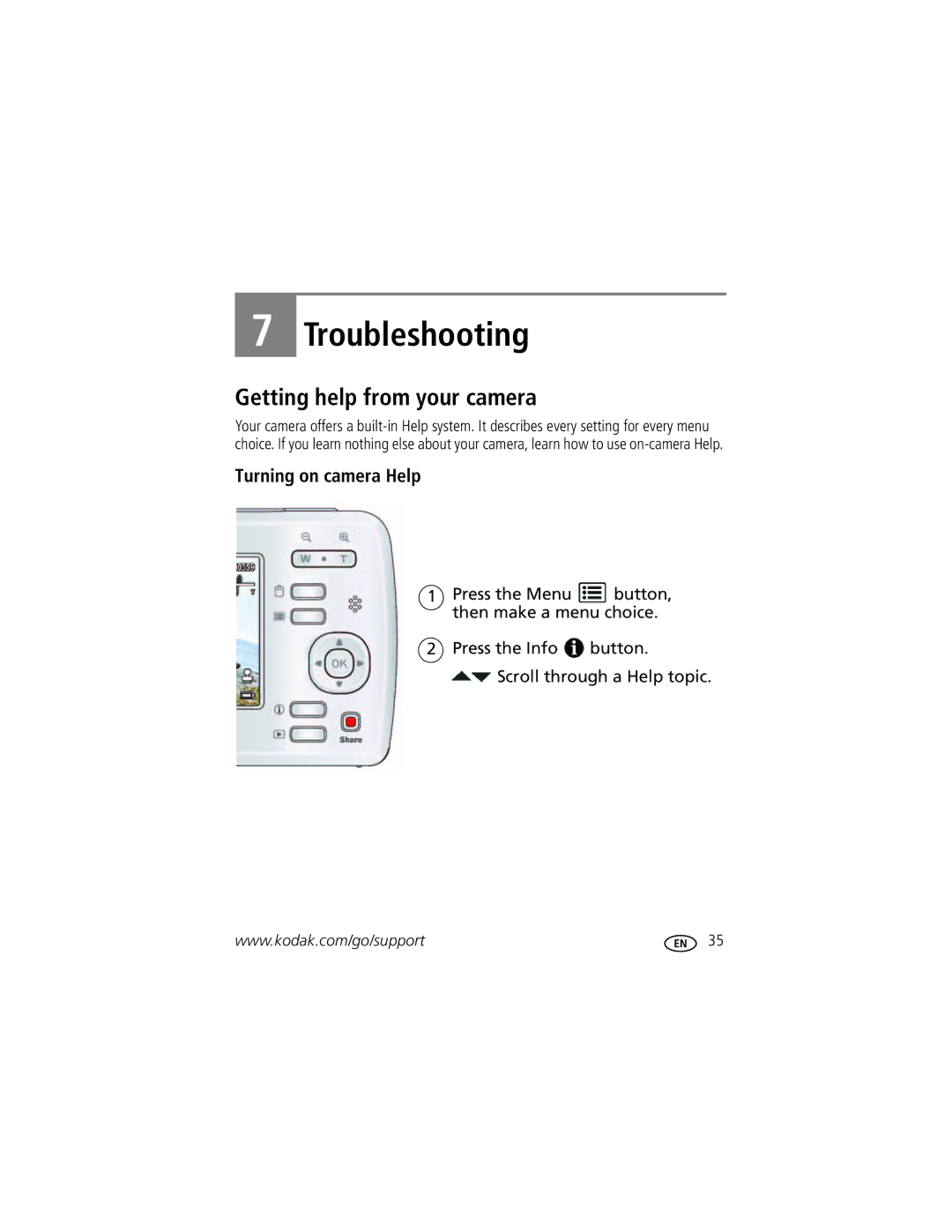 Kodak C15 manual Getting help from your camera, Turning on camera Help 