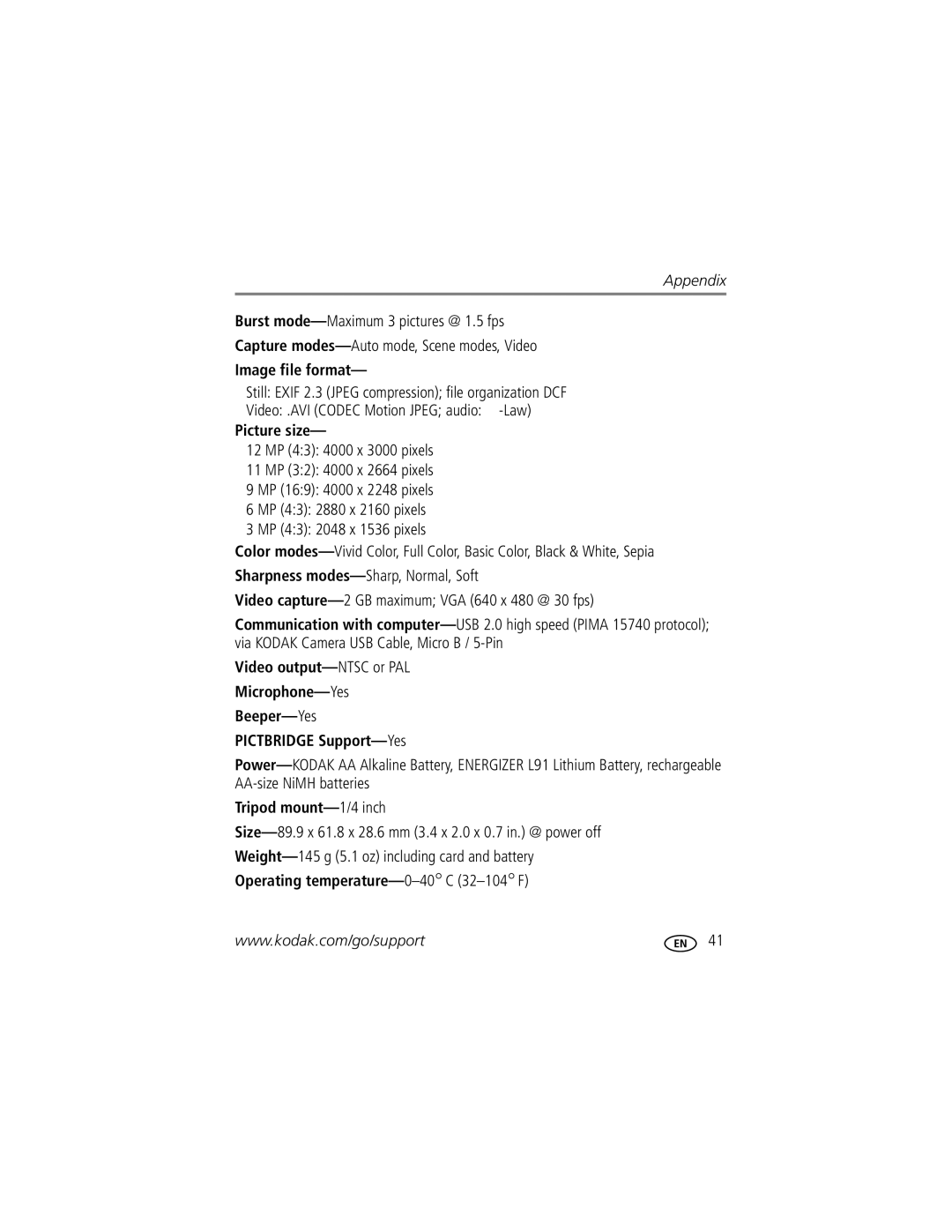 Kodak C15 manual Image file format, Picture size, Tripod mount-1/4 inch, Operating temperature-0-40C 32-104F 