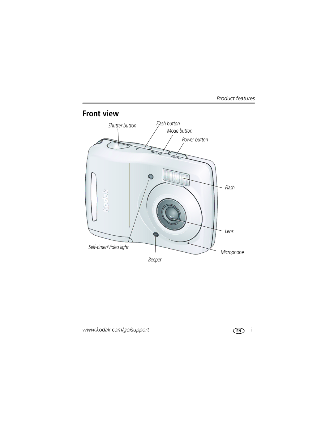 Kodak C1505 manual Front view, Shutter button Flash button 