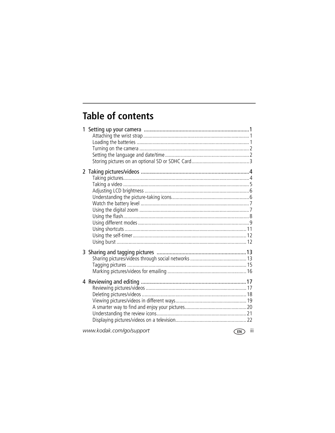 Kodak C1505 manual Table of contents 