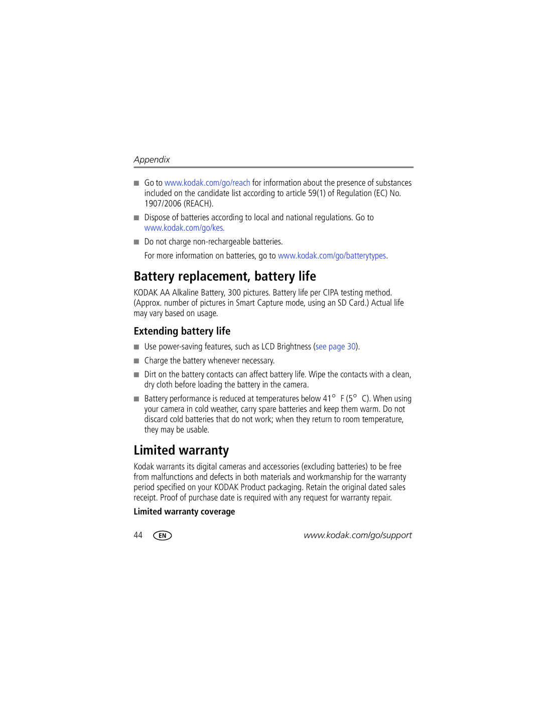 Kodak C1505 manual Battery replacement, battery life, Extending battery life, Limited warranty coverage 