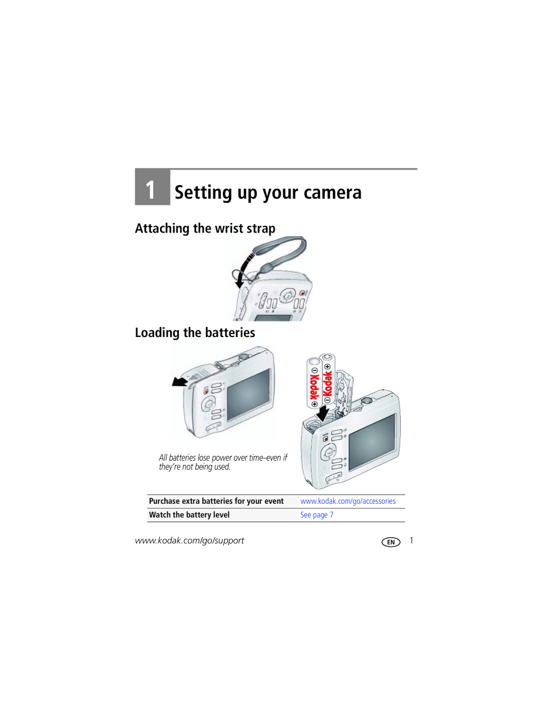 Kodak C1505 manual Setting up your camera, Attaching the wrist strap Loading the batteries 