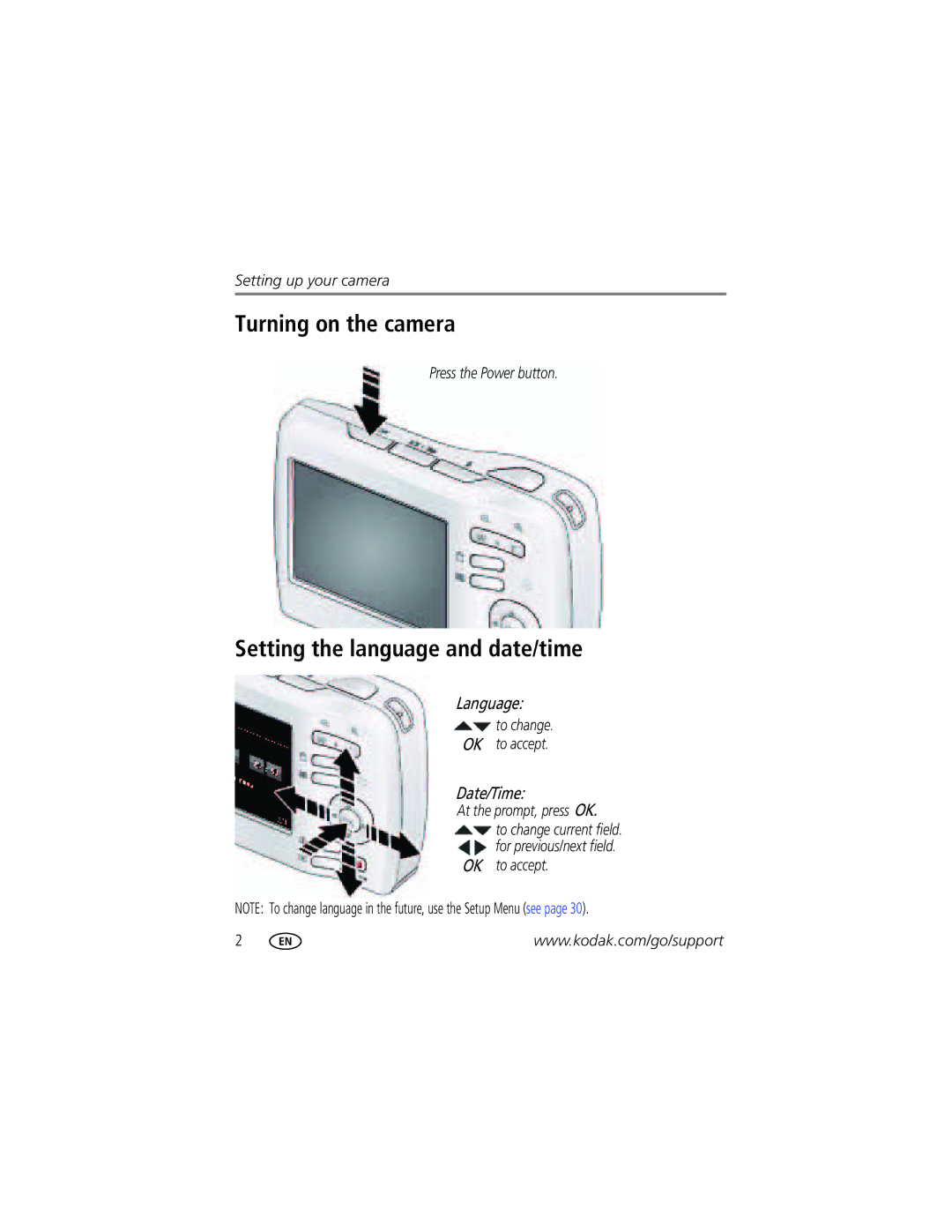 Kodak C1505 Turning on the camera, Setting the language and date/time, Press the Power button, To change OK to accept 