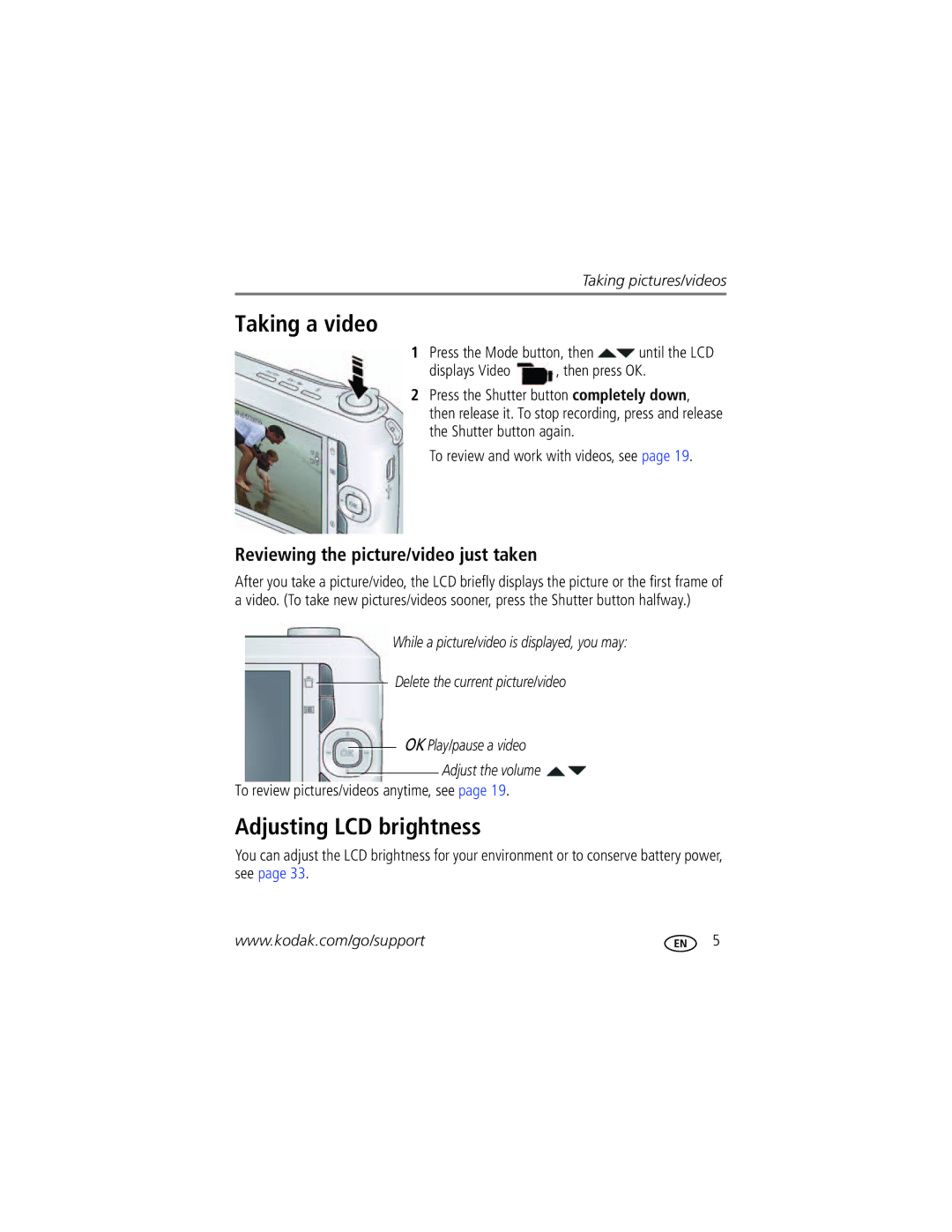 Kodak 1385483, C1550 manual Taking a video, Adjusting LCD brightness, Reviewing the picture/video just taken 