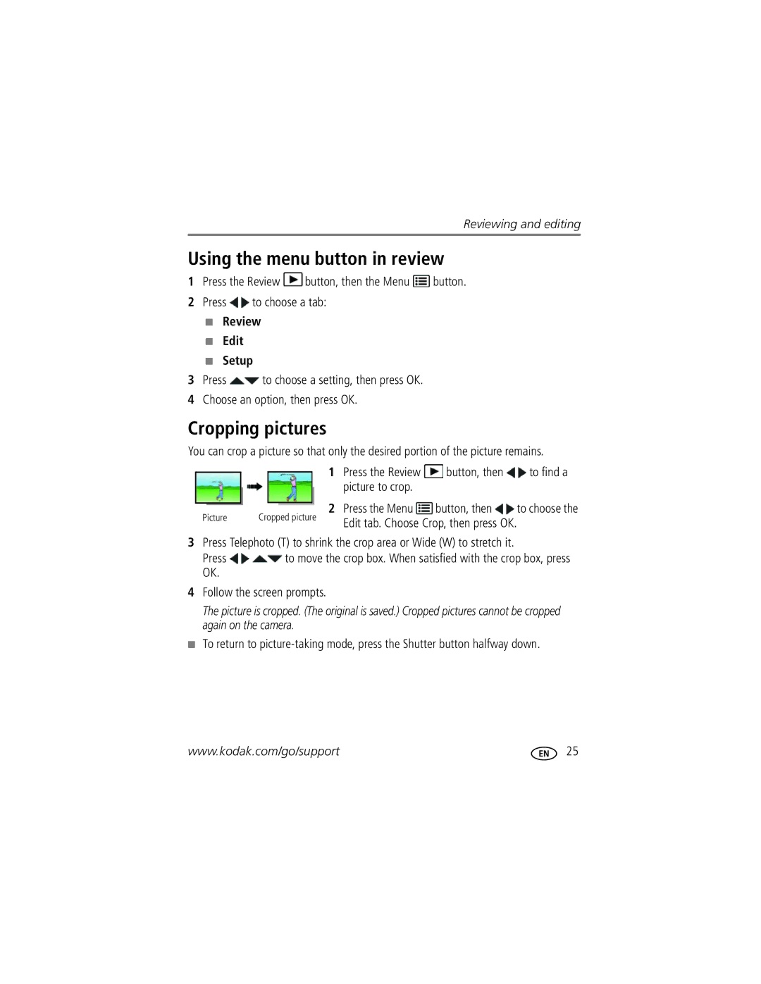 Kodak 1385483, C1550 manual Using the menu button in review, Cropping pictures, Review Edit Setup 