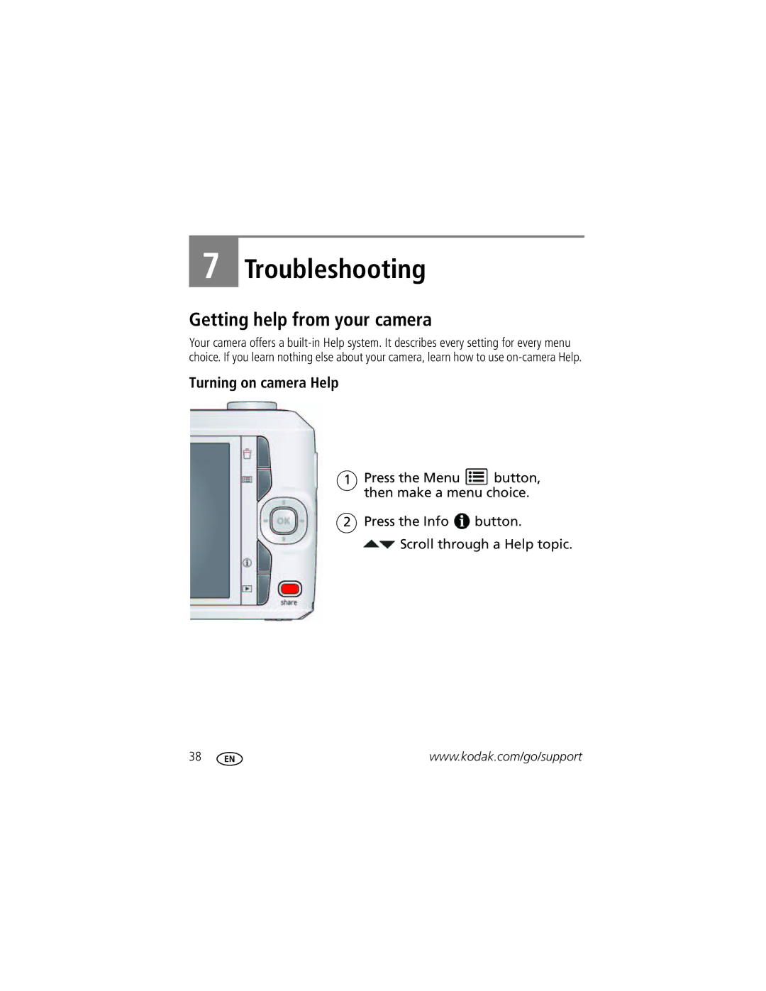 Kodak C1550, 1385483 manual Getting help from your camera, Turning on camera Help 