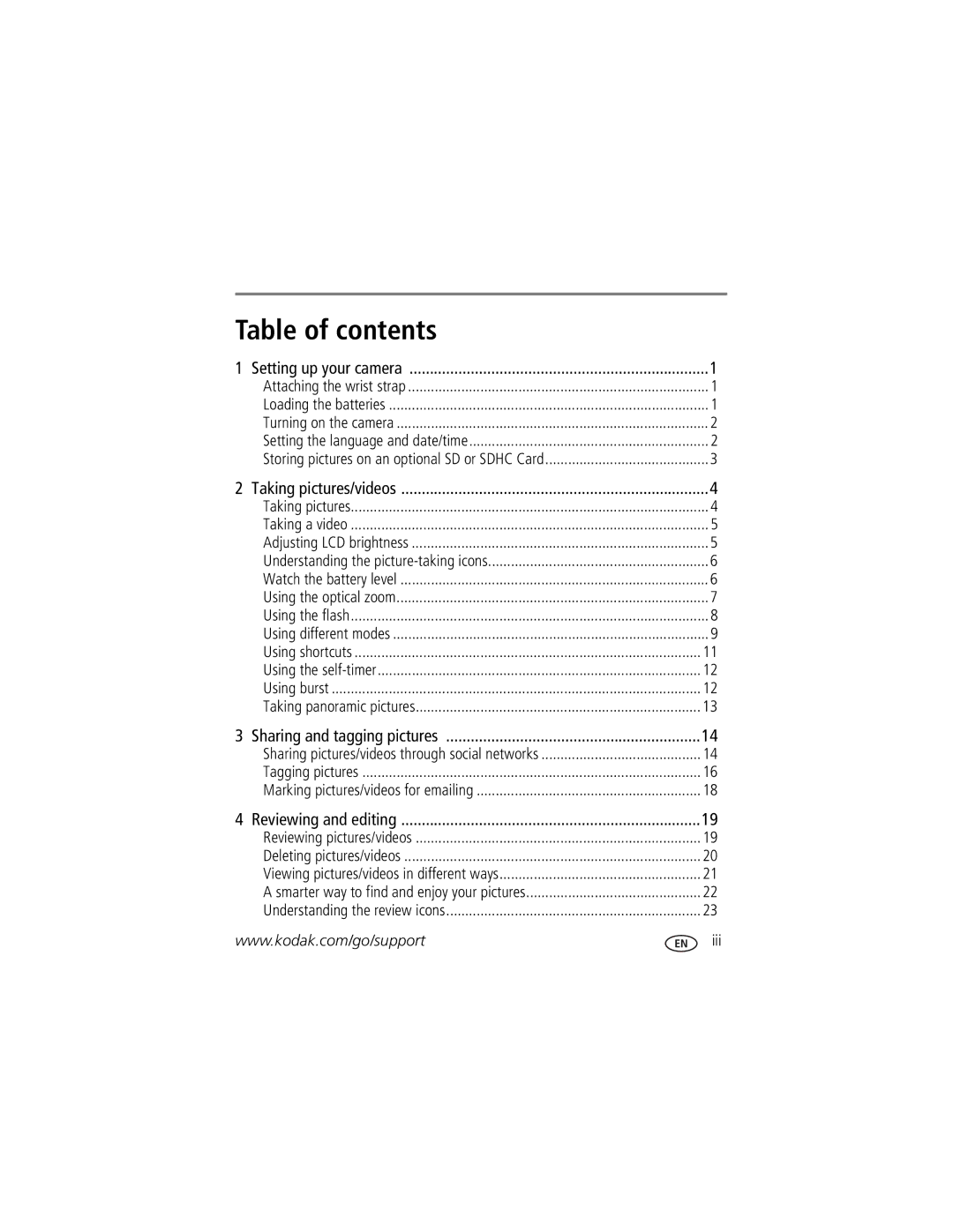 Kodak 1385483, C1550 manual Table of contents 