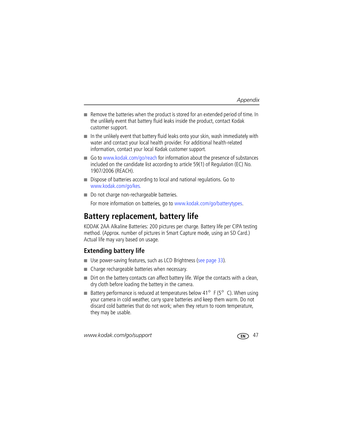 Kodak 1385483, C1550 Battery replacement, battery life, Extending battery life, Do not charge non-rechargeable batteries 