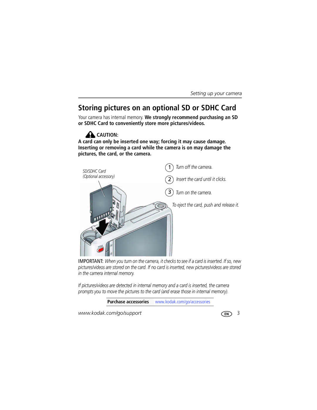 Kodak 1385483, C1550 manual Storing pictures on an optional SD or Sdhc Card 