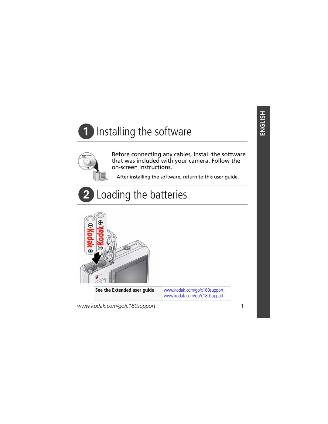 Kodak C180, C160 manual Installing the software, Loading the batteries 