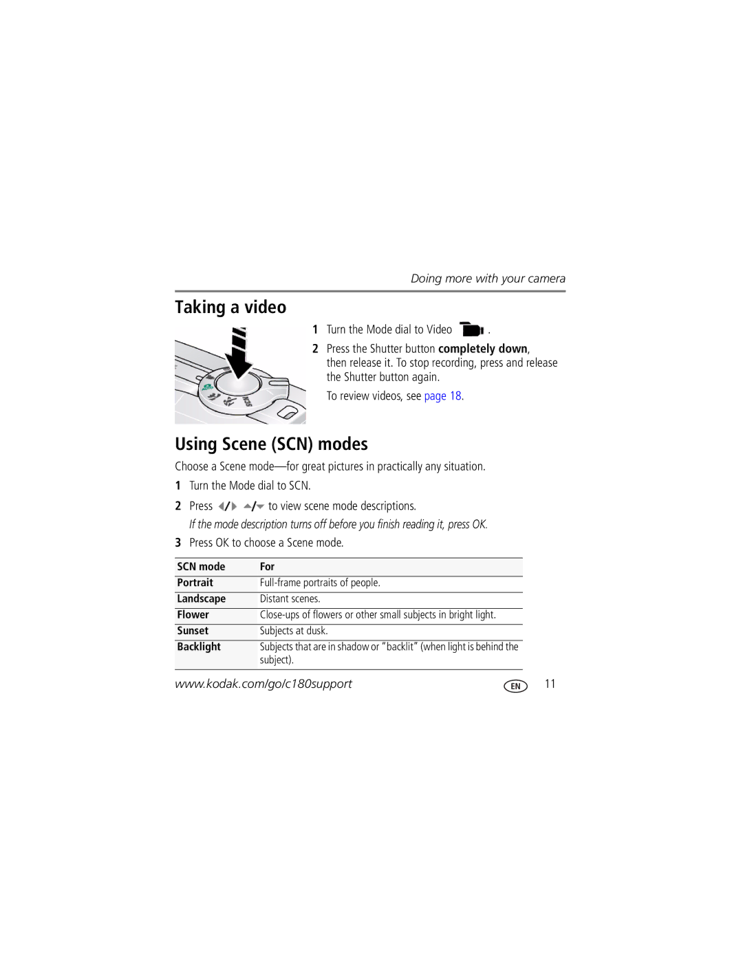 Kodak C180, C160 manual Taking a video, Using Scene SCN modes 