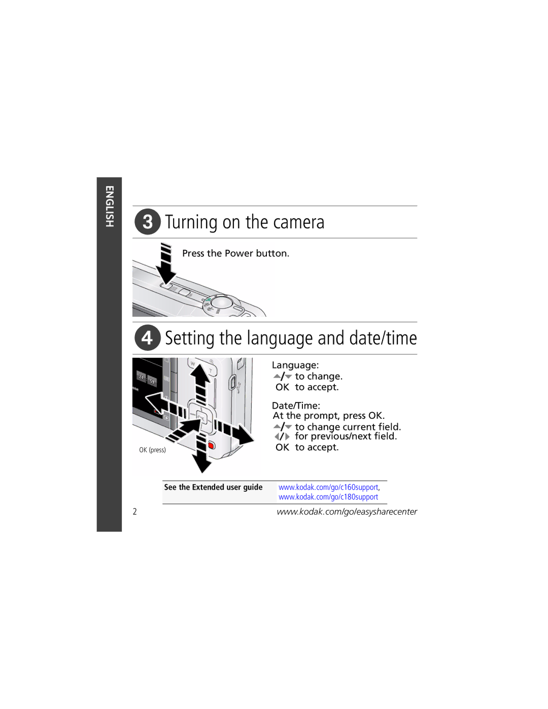Kodak C160, C180 manual Turning on the camera, Setting the language and date/time 