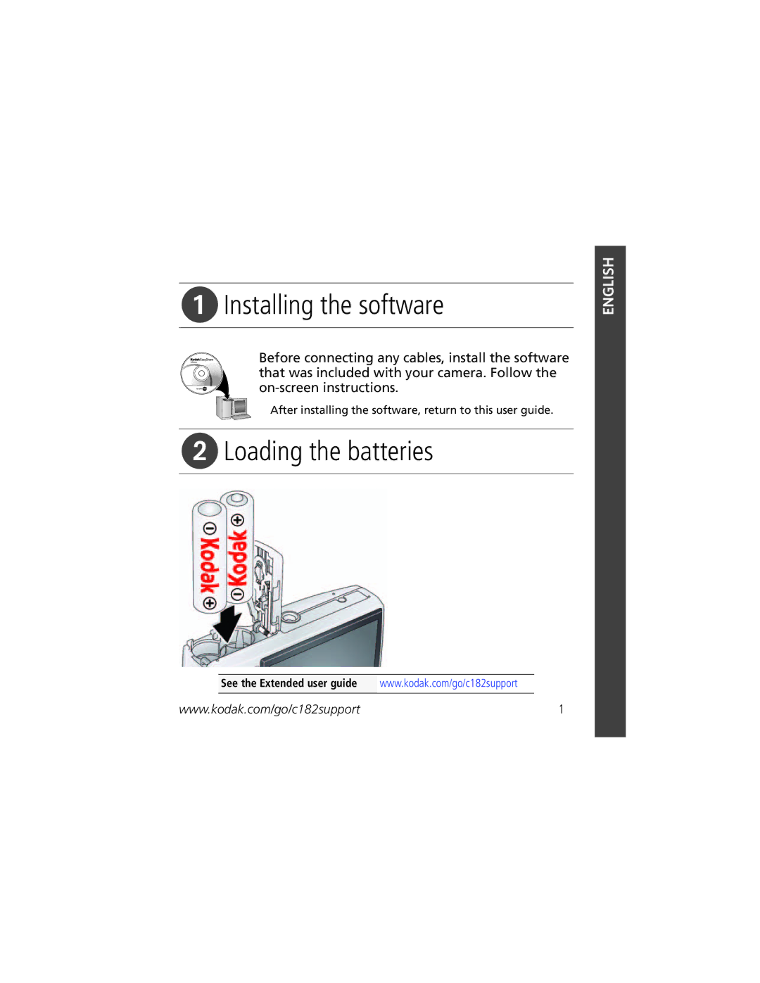 Kodak C182 manual Installing the software, Loading the batteries 