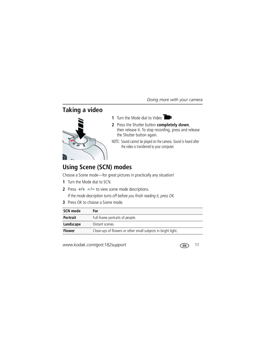 Kodak C182 manual Taking a video, Using Scene SCN modes 