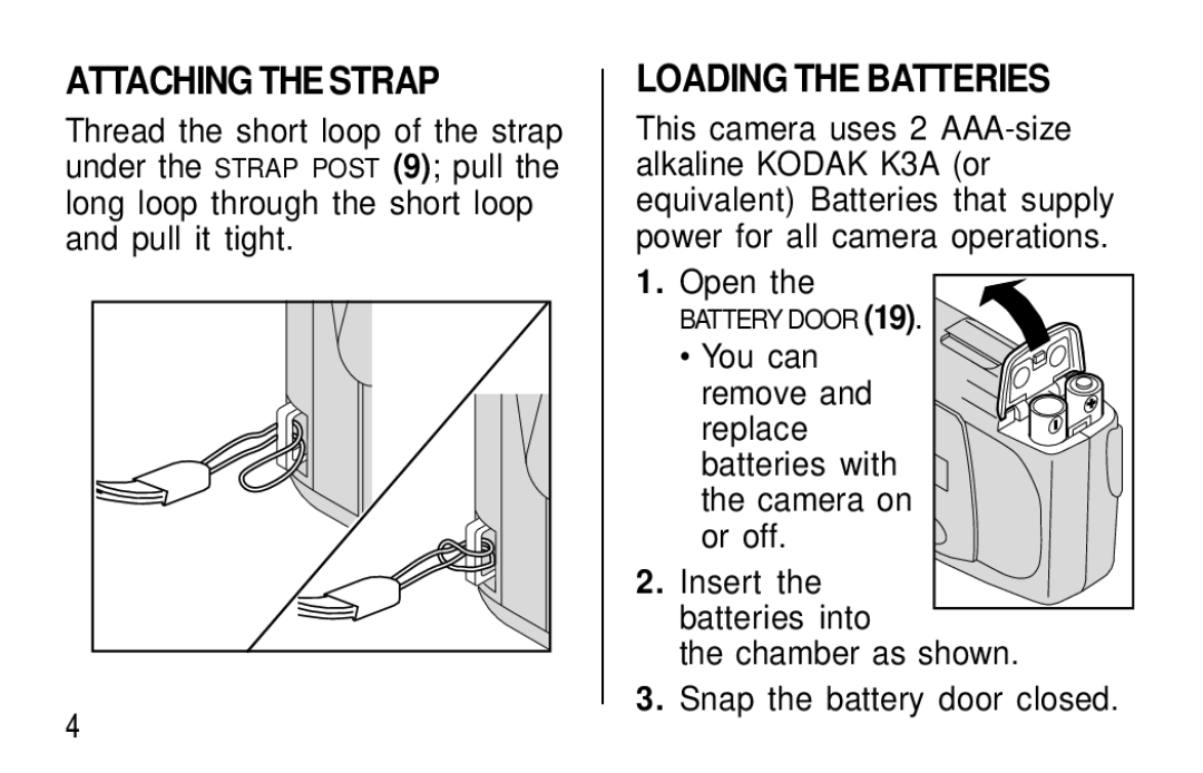 Kodak C300, C400 manual Attaching the Strap, Loading the Batteries 