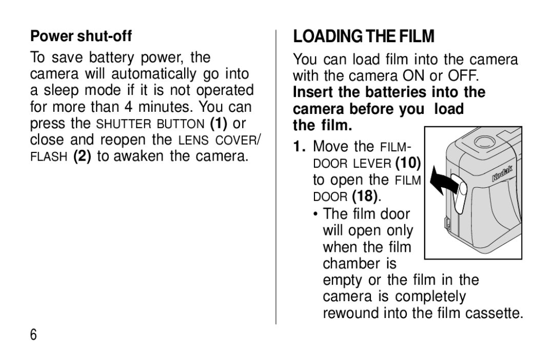 Kodak C300, C400 manual Loading the Film, Power shut-off, Move the Film, Film door will open only when the film chamber is 