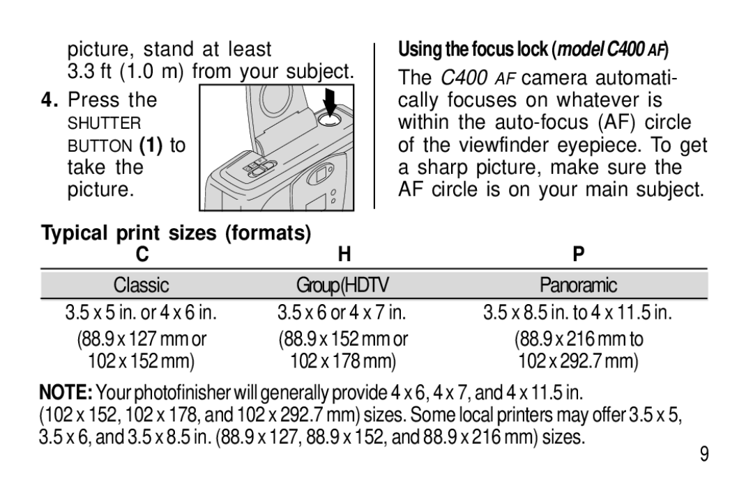 Kodak C400, C300 manual Picture, stand at least Ft 1.0 m from your subject Press, Typical print sizes formats 