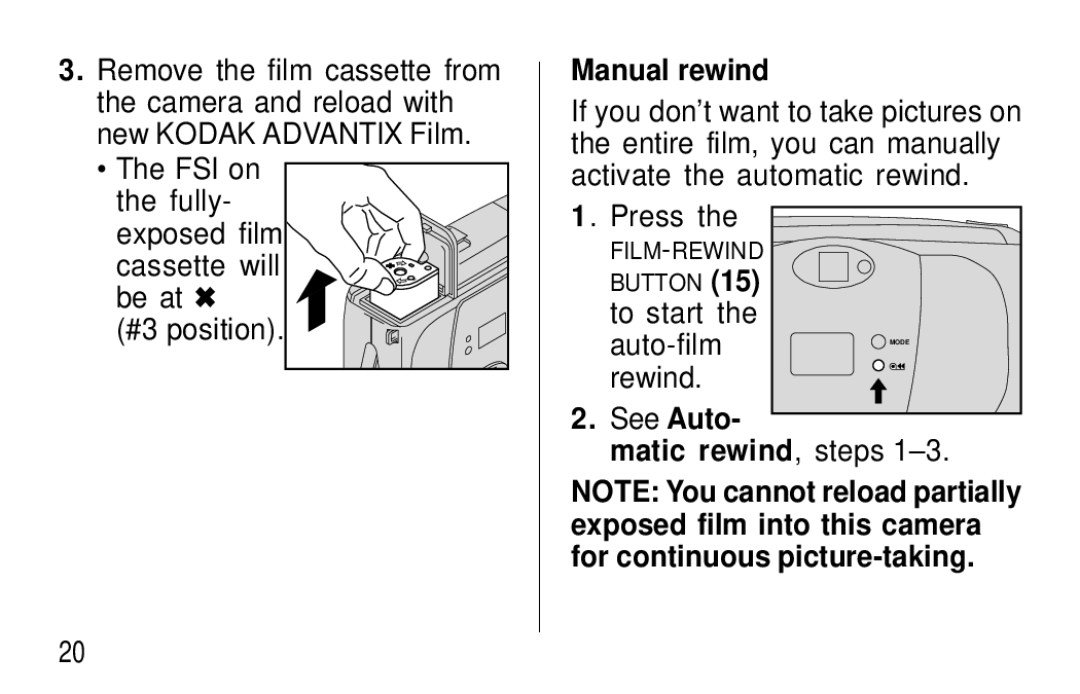 Kodak C300, C400 manual Manual rewind, To start Auto-film, Rewind, See Auto Matic rewind, steps 