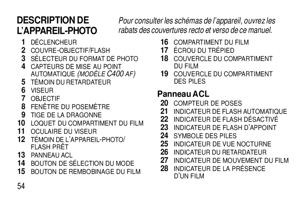 Kodak C300, C400 manual Description DE, ’Appareil-Photo, Panneau ACL 