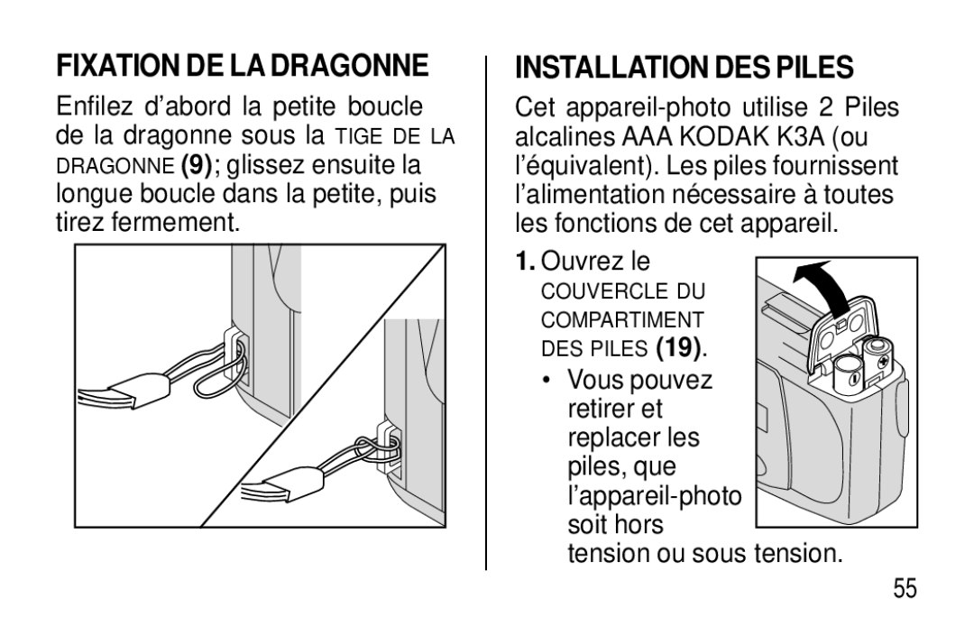 Kodak C400, C300 manual Fixation DE LA Dragonne, Installation DES Piles, Ouvrez le 