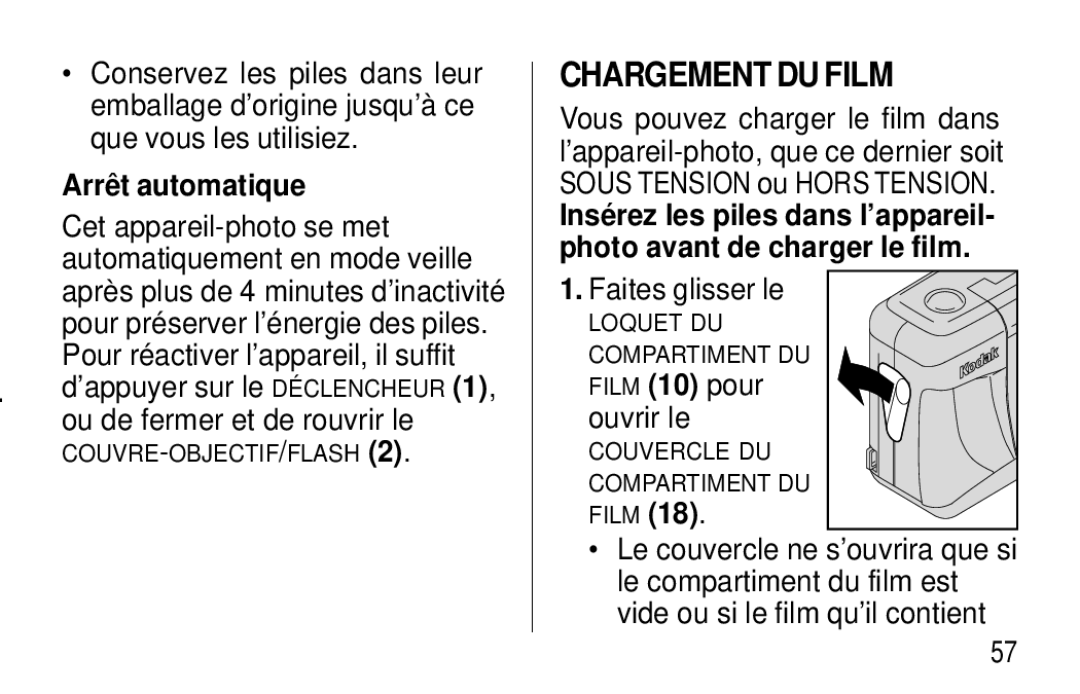 Kodak C400, C300 manual Chargement DU Film, Arrêt automatique, Faites glisser le, Ouvrir le 