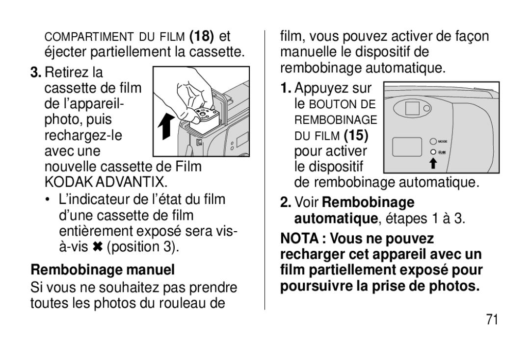 Kodak C400, C300 manual Rembobinage manuel, Pour activer Le dispositif, Voir Rembobinage, Automatique, étapes 1 à 