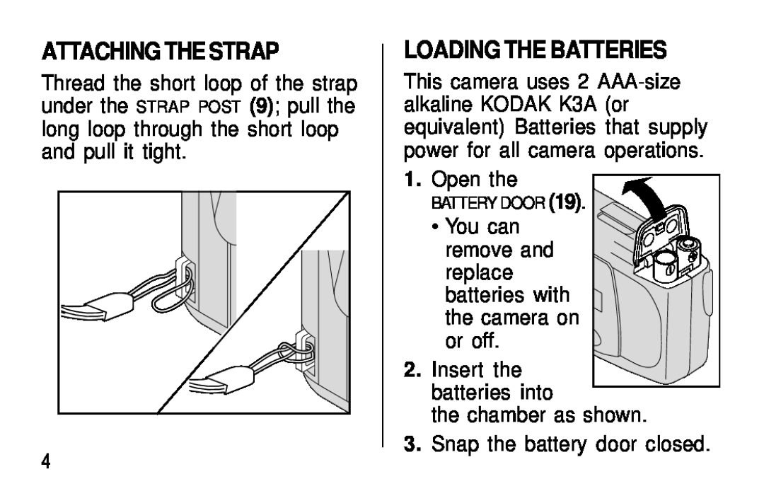 Kodak C300, C400 manual Attaching The Strap, Loading The Batteries 