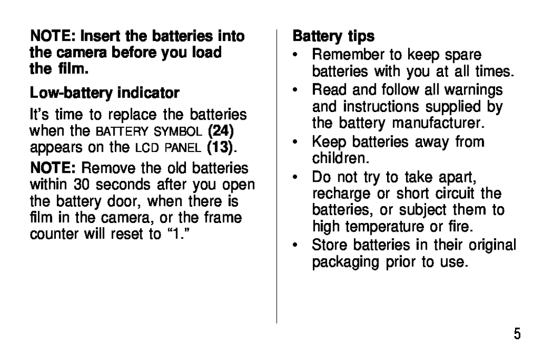 Kodak C400, C300 NOTE Insert the batteries into the camera before you load the film, Low-battery indicator, Battery tips 