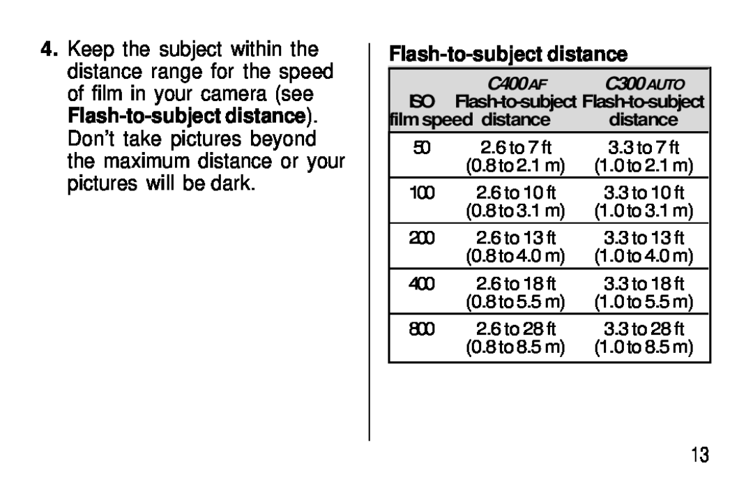 Kodak manual Flash-to-subject distance, C400AF, C300AUTO, film speed distance 