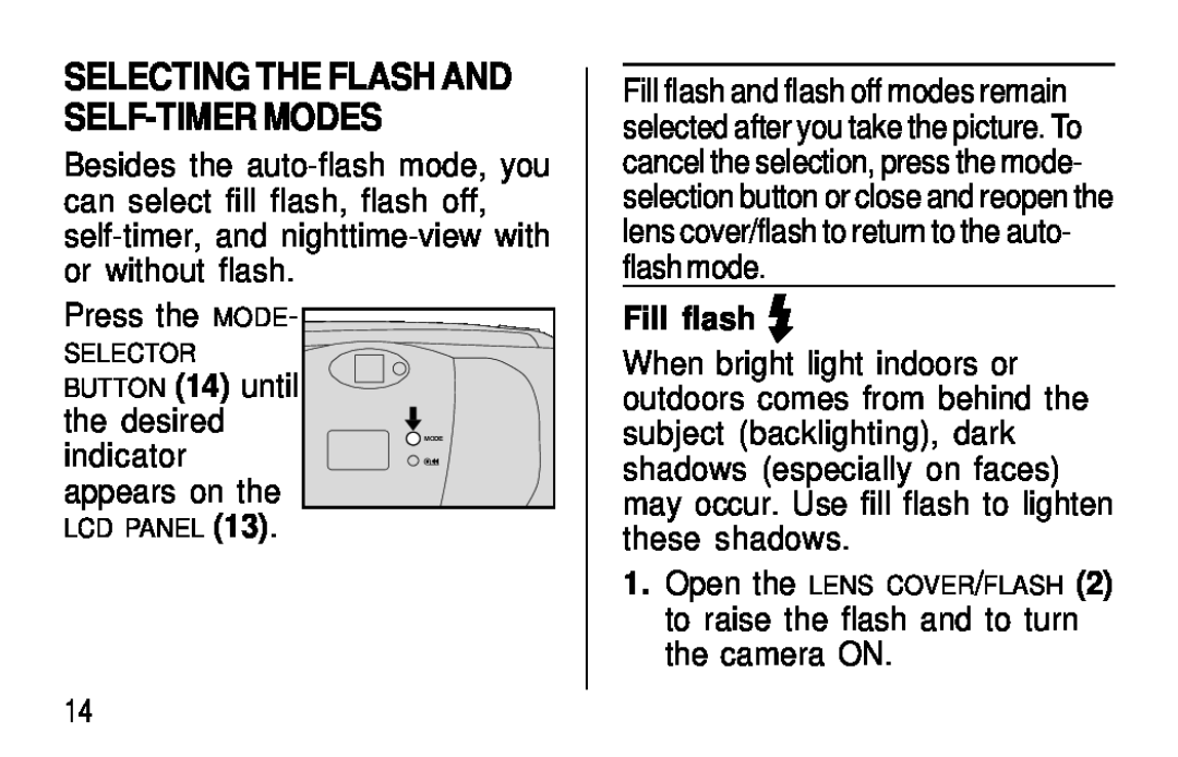 Kodak C300, C400 manual Selecting The Flash And Self-Timer Modes, Fill flash 