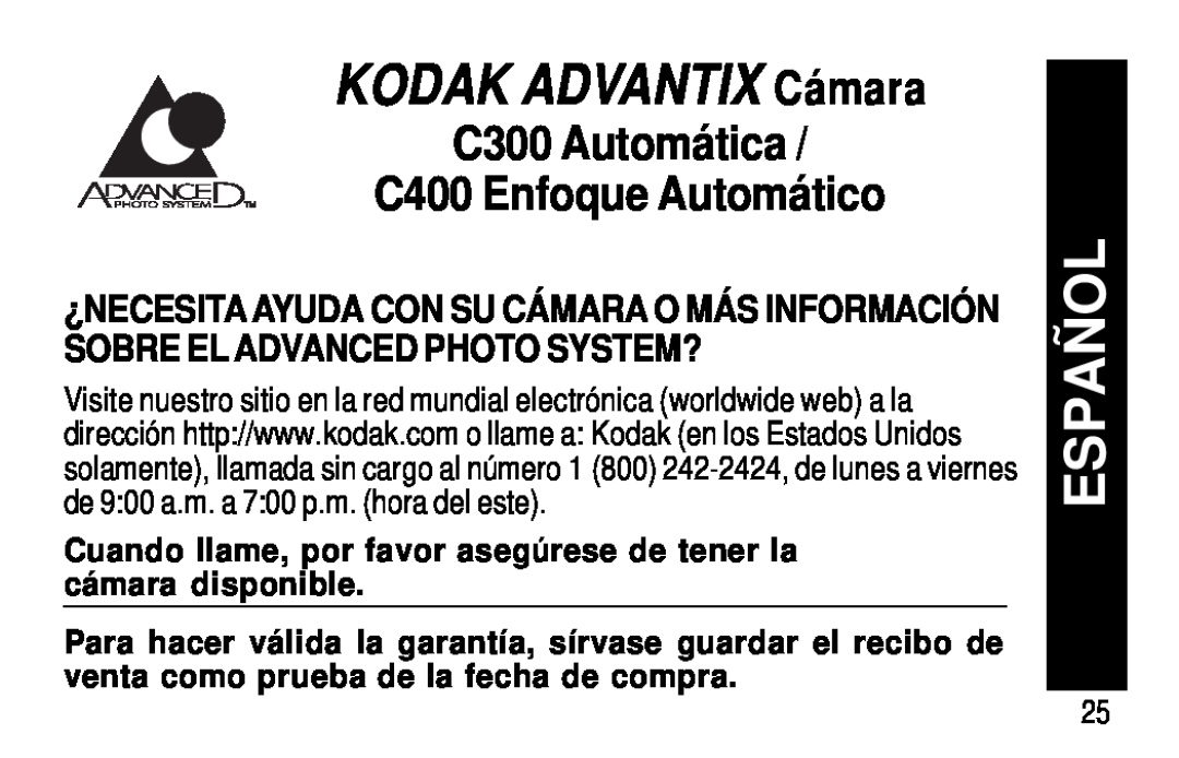 Kodak manual KODAK ADVANTIX Cámara, Español, C300 Automática C400 Enfoque Automático 
