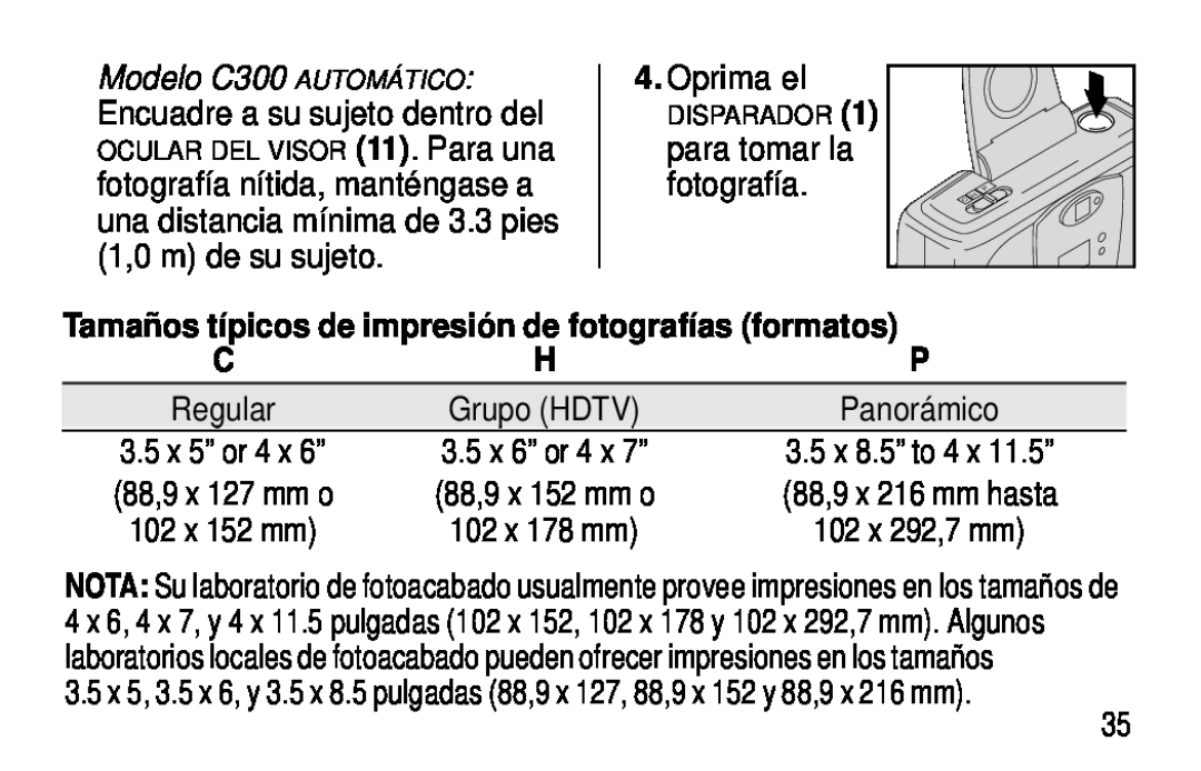 Kodak C400, C300 manual Tamaños típicos de impresión de fotografías formatos, Oprima el, 3.5 x 8.5” to 4 x 11.5” 