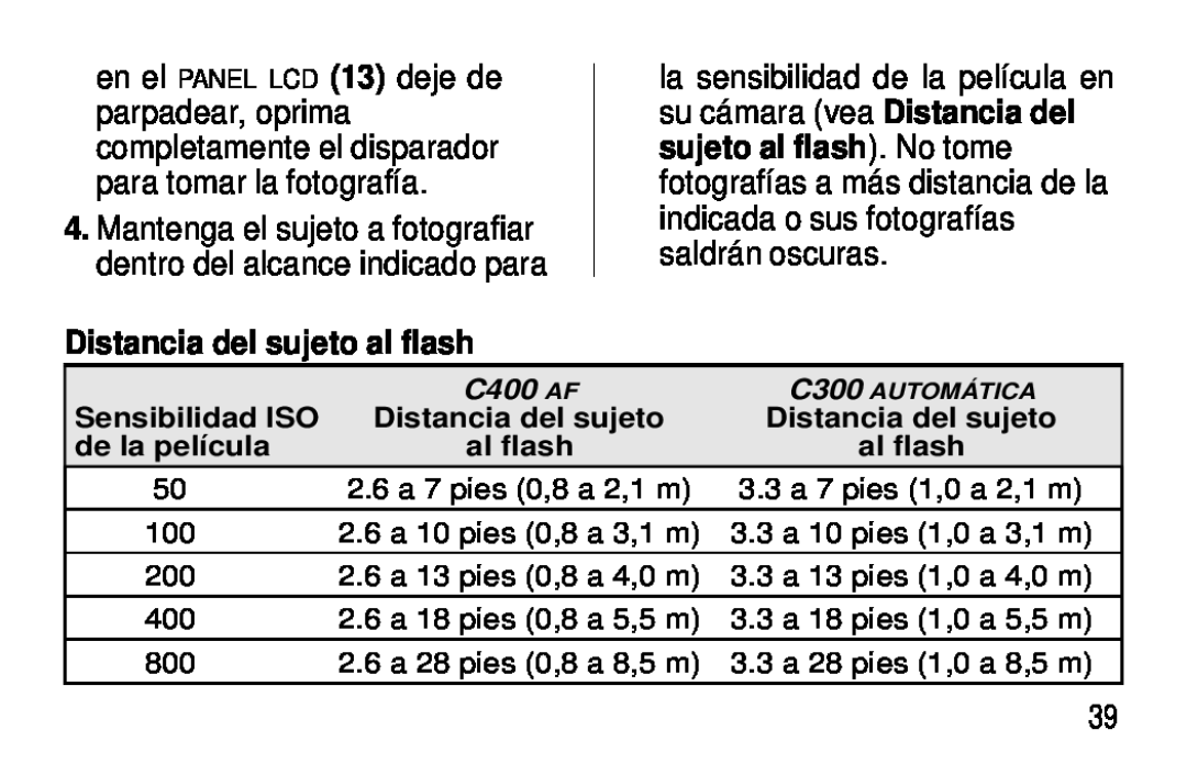Kodak C300 manual Distancia del sujeto al flash, C400 AF, Sensibilidad ISO, de la película 