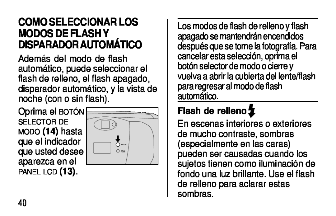 Kodak C300, C400 manual Como Seleccionar Los Modos De Flash Y Disparador Automático, Flash de relleno, Oprima el BOTÓN 