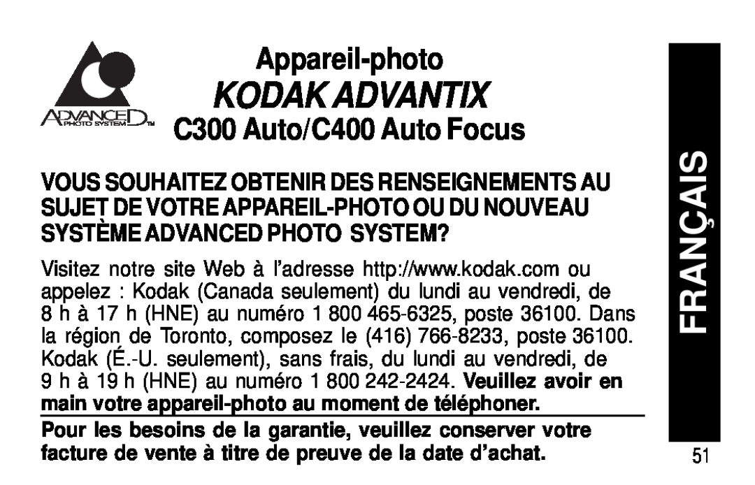 Kodak manual Français, Appareil-photo, C300 Auto/C400 Auto Focus, Kodak Advantix 