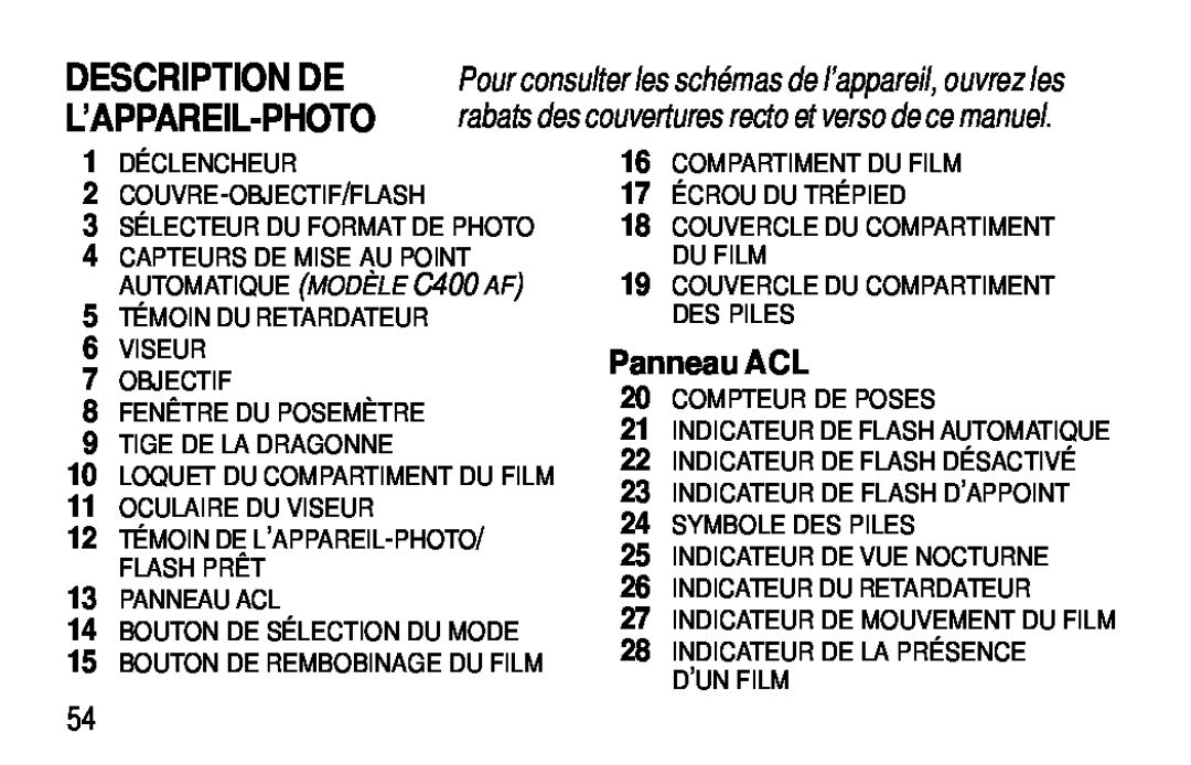Kodak C300, C400 manual Description De, L’Appareil-Photo, Panneau ACL, rabats des couvertures recto et verso de ce manuel 