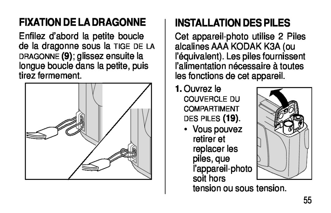 Kodak C400, C300 manual Fixation De La Dragonne, Installation Des Piles 