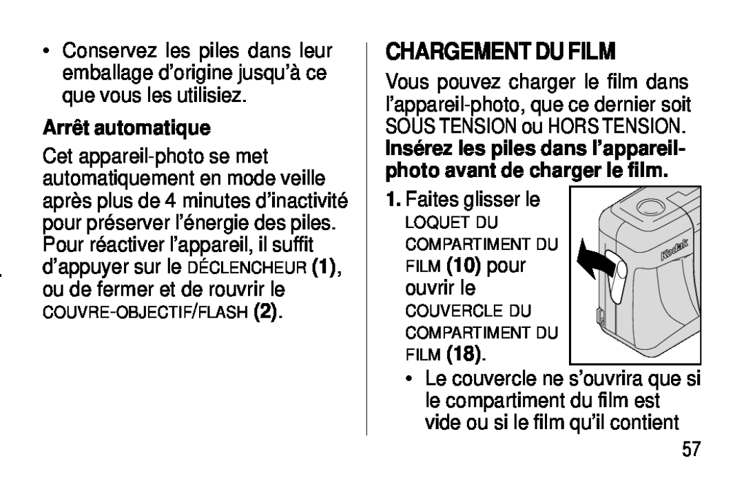 Kodak C400, C300 Chargement Du Film, Arrêt automatique, Insérez les piles dans l’appareil- photo avant de charger le film 
