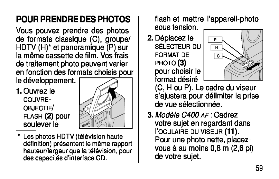 Kodak C400, C300 manual Pour Prendre Des Photos, COUVRE OBJECTIF FLASH 2 pour, Sélecteurdu, Format De 