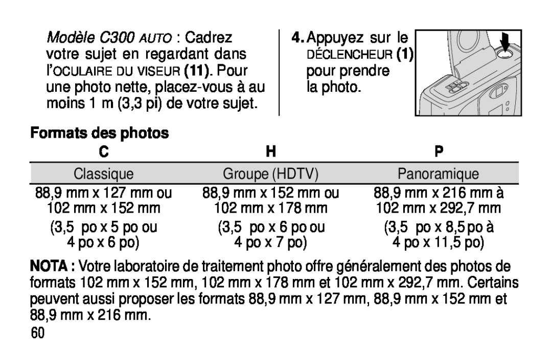 Kodak C300, C400 manual Formats des photos CH, Appuyez sur le 