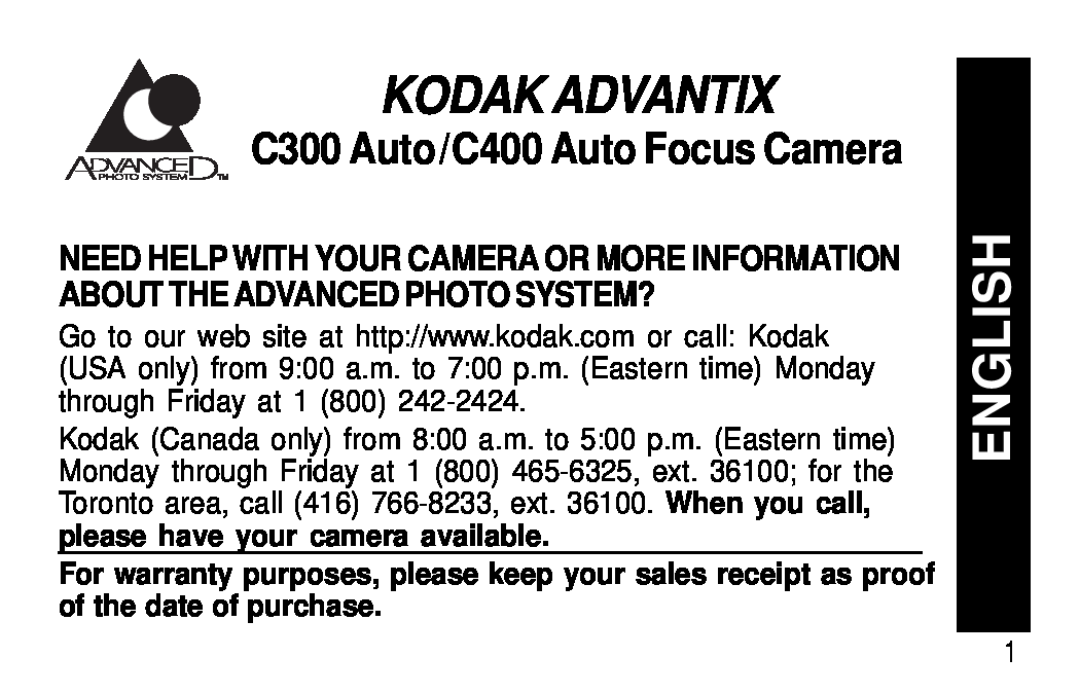 Kodak manual Kodak Advantix, English, C300 Auto/C400 Auto Focus Camera 