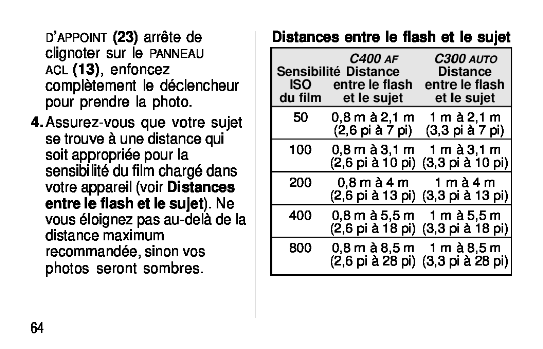 Kodak C300, C400 manual Distances entre le flash et le sujet 