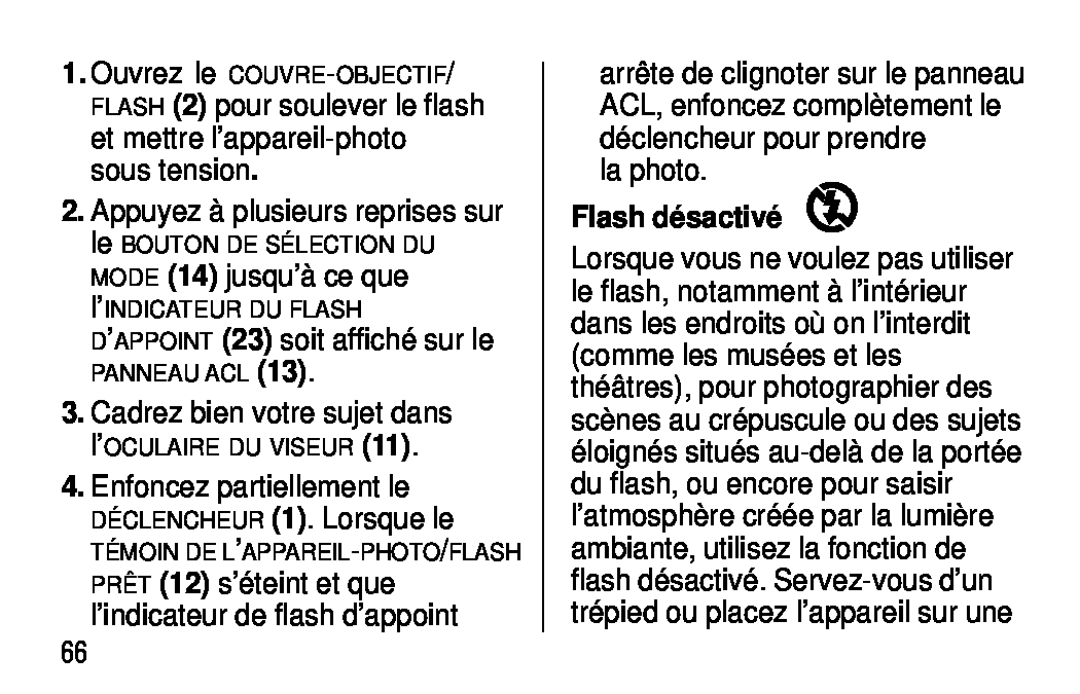 Kodak C300, C400 manual Flash désactivé, Cadrez bien votre sujet dans l’OCULAIRE DU VISEUR 