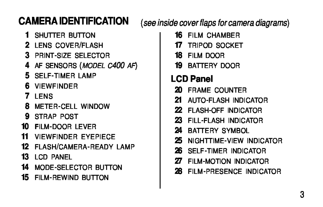 Kodak C400, C300 manual LCD Panel, CAMERA IDENTIFICATION see inside cover flaps for camera diagrams 