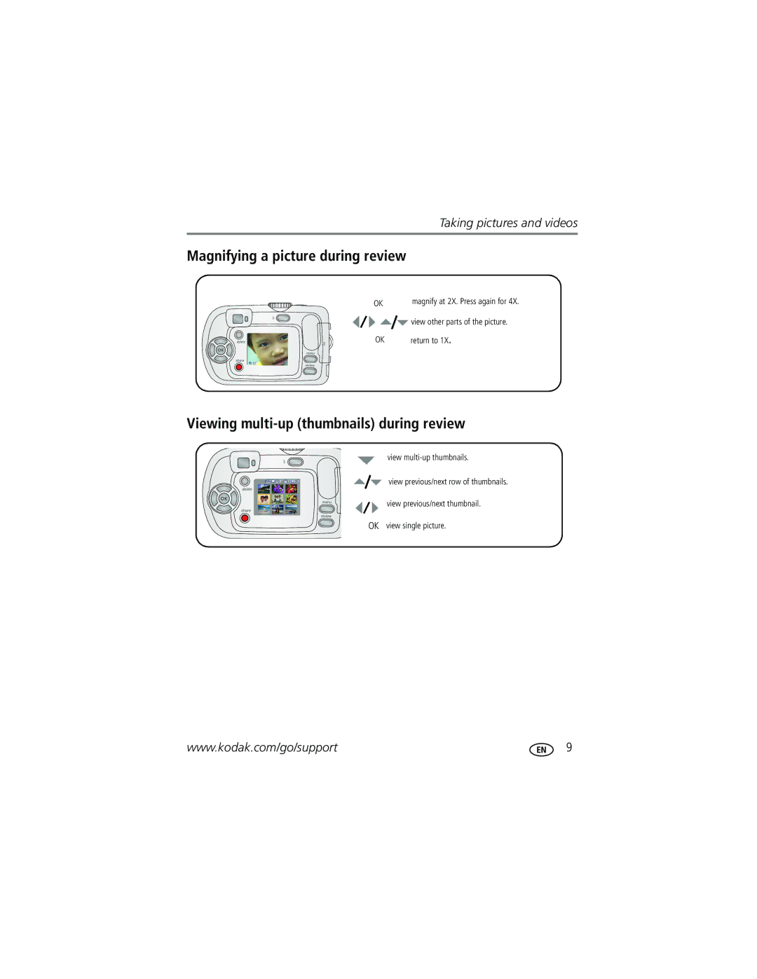 Kodak C310, CD40 manual Magnifying a picture during review, Viewing multi-up thumbnails during review 