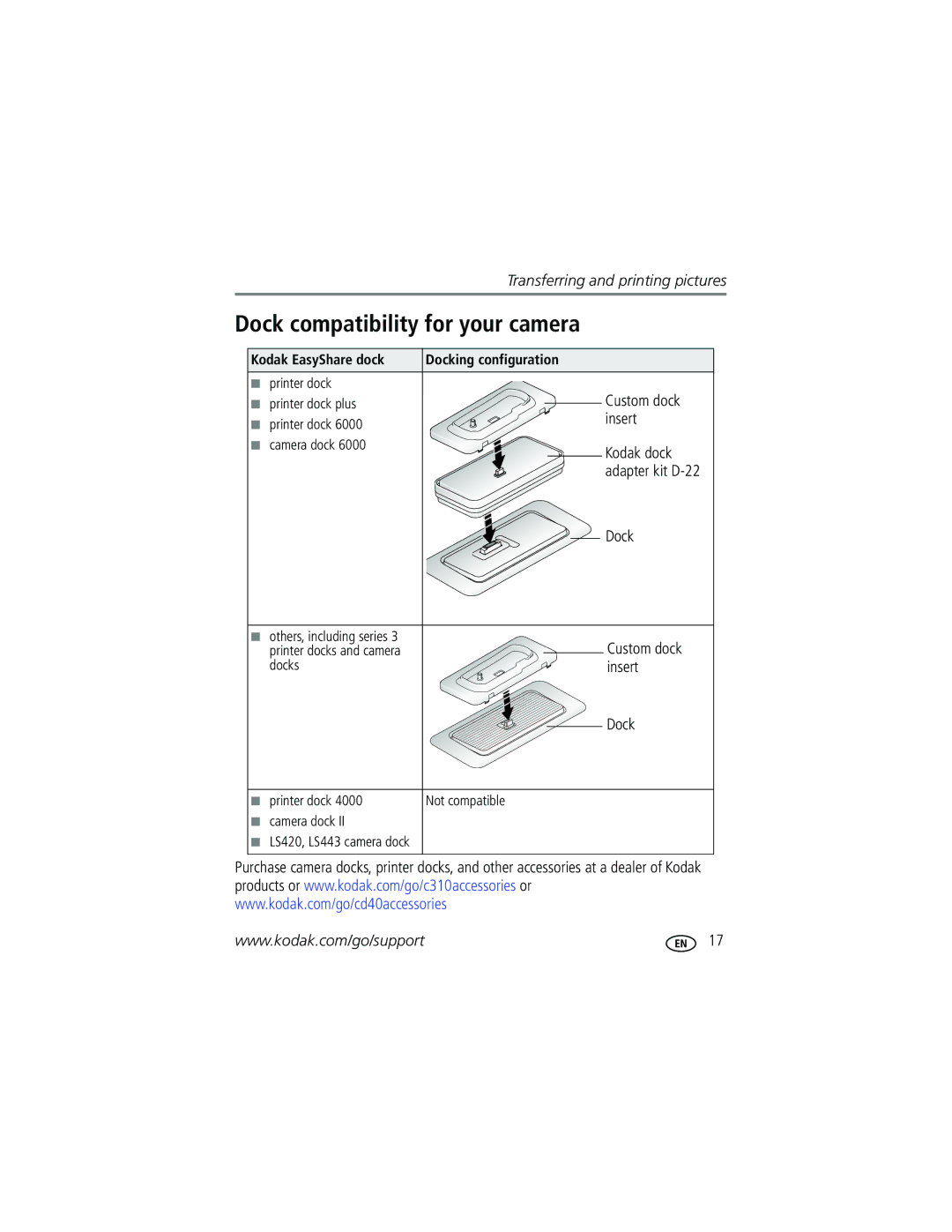 Kodak C310, CD40 manual Dock compatibility for your camera, Insert, Kodak EasyShare dock Docking configuration 